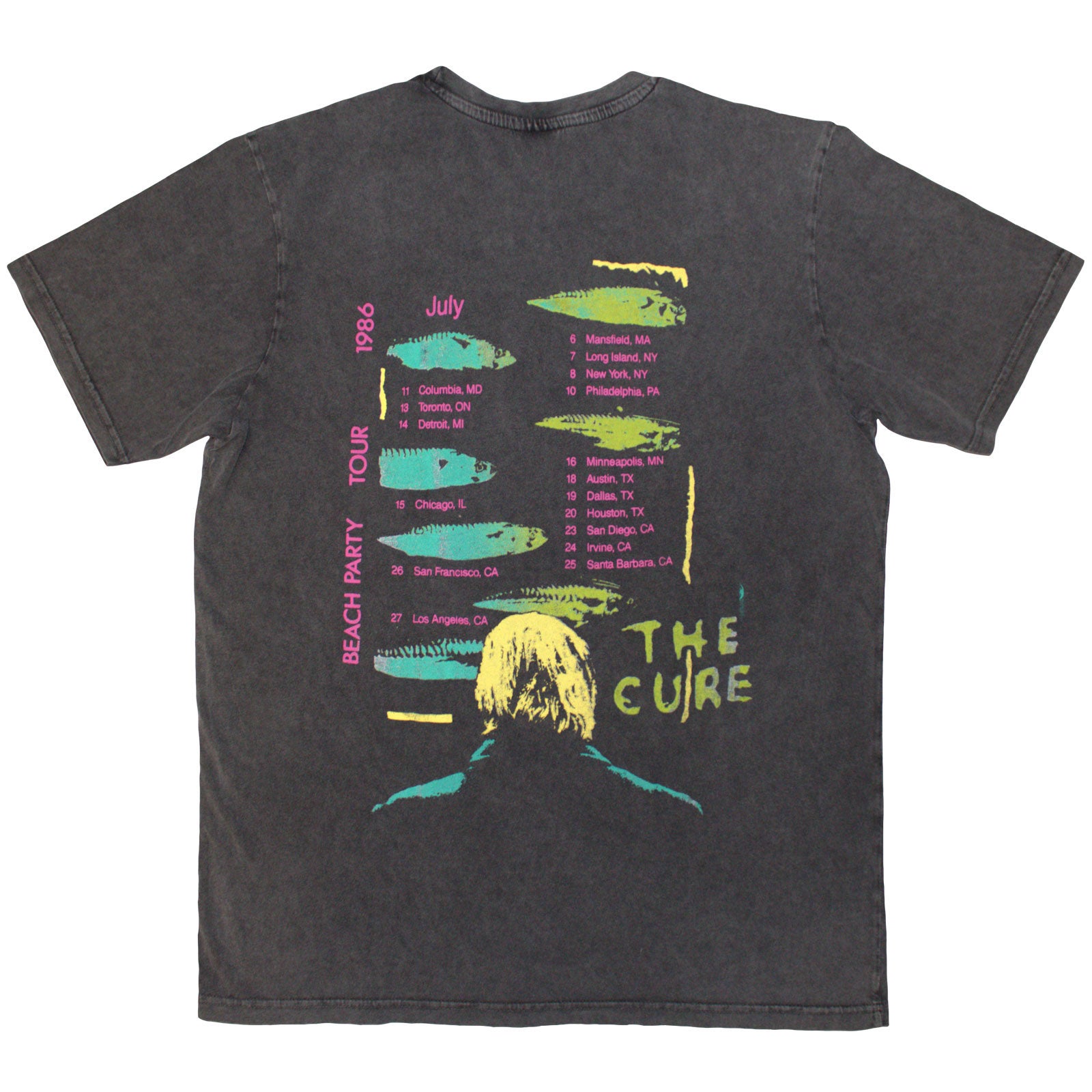 The Cure Unisex Stone Wash T-Shirt: Beach Party Tour '86 (Charcoal Grey) (Back Print)