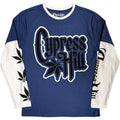 Cypress Hill Unisex Layered Long Sleeve T-Shirt: Leaf & Logo (Denim Blue & White) (Sleeve Print)