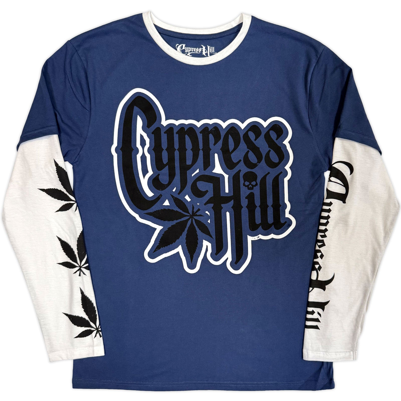 Cypress Hill Unisex Layered Long Sleeve T-Shirt: Leaf & Logo (Denim Blue & White) (Sleeve Print)