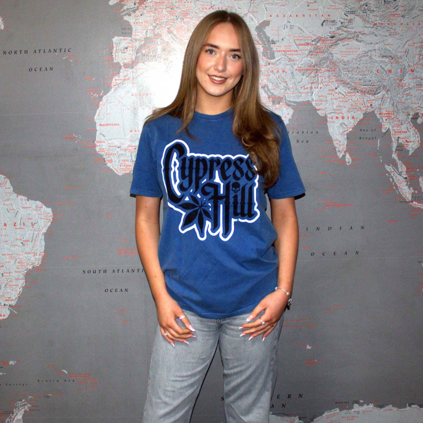 Cypress Hill Unisex Stone Wash T-Shirt: Logo (Denim Blue)