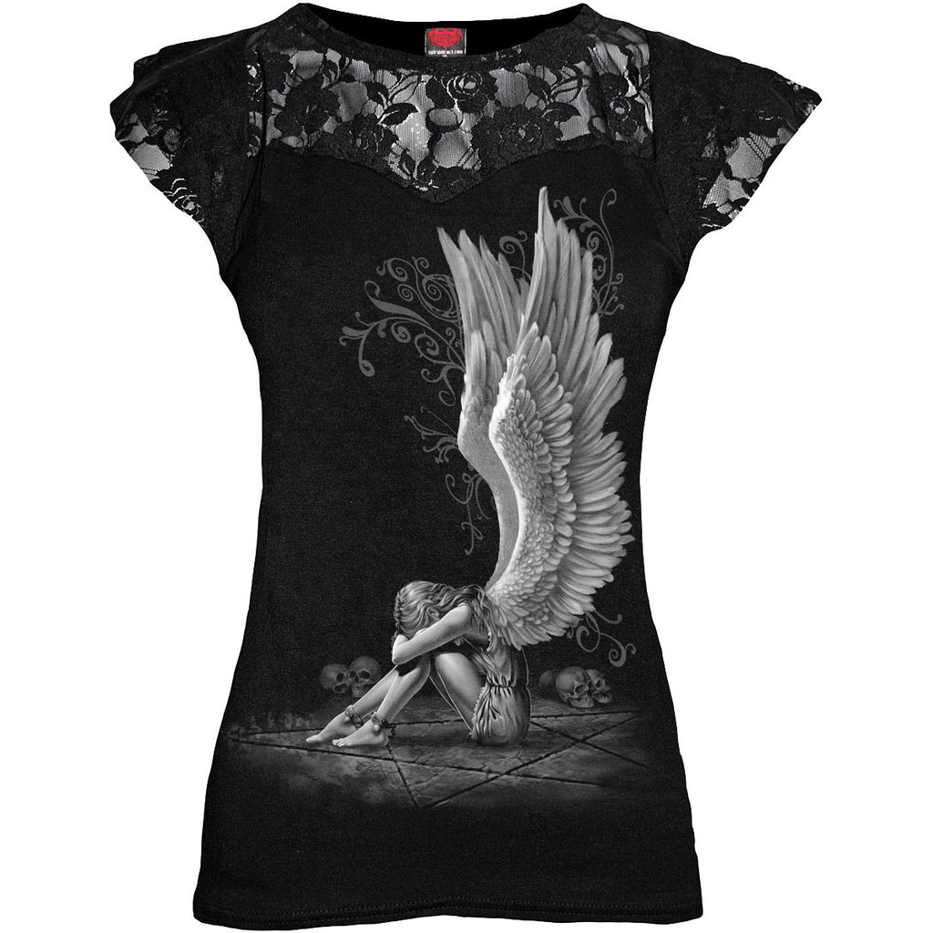 Spiral Ladies Lace Layered Cap Sleeve Top: Enslaved Angel (Black)