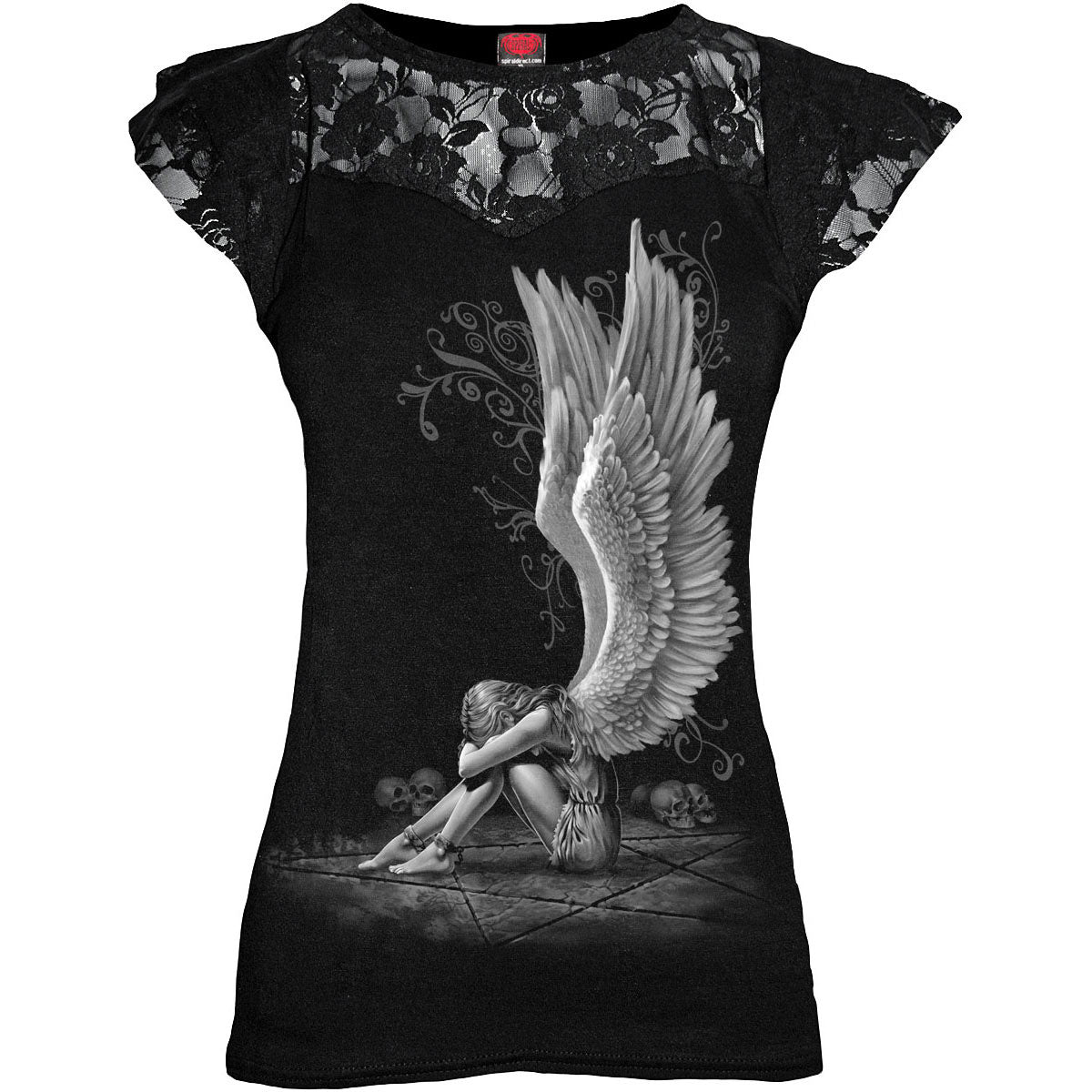 Spiral Ladies Lace Layered Cap Sleeve Top: Enslaved Angel (Black)