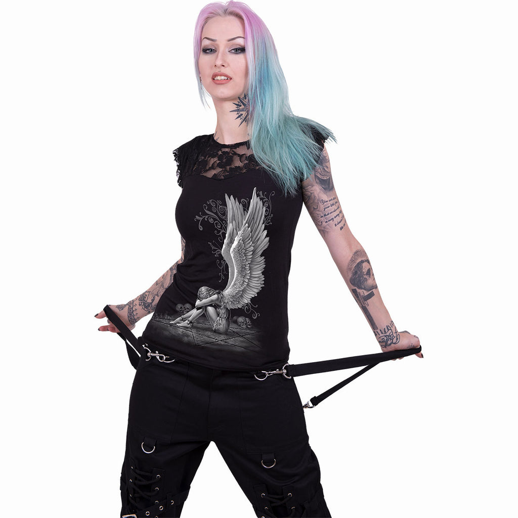 Spiral Ladies Lace Layered Cap Sleeve Top: Enslaved Angel (Black)