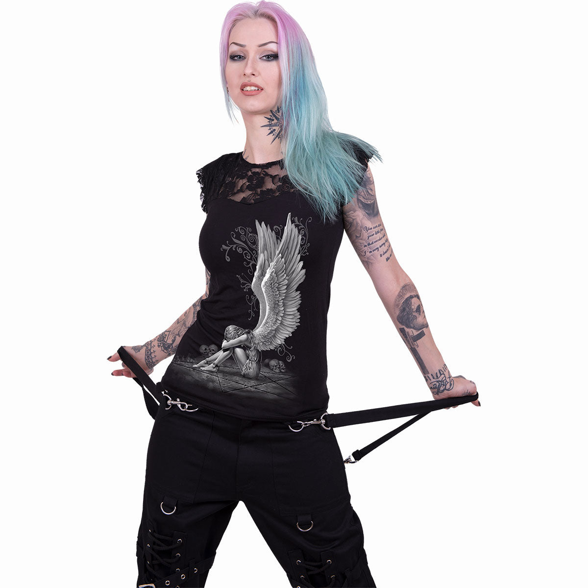Spiral Ladies Lace Layered Cap Sleeve Top: Enslaved Angel (Black)