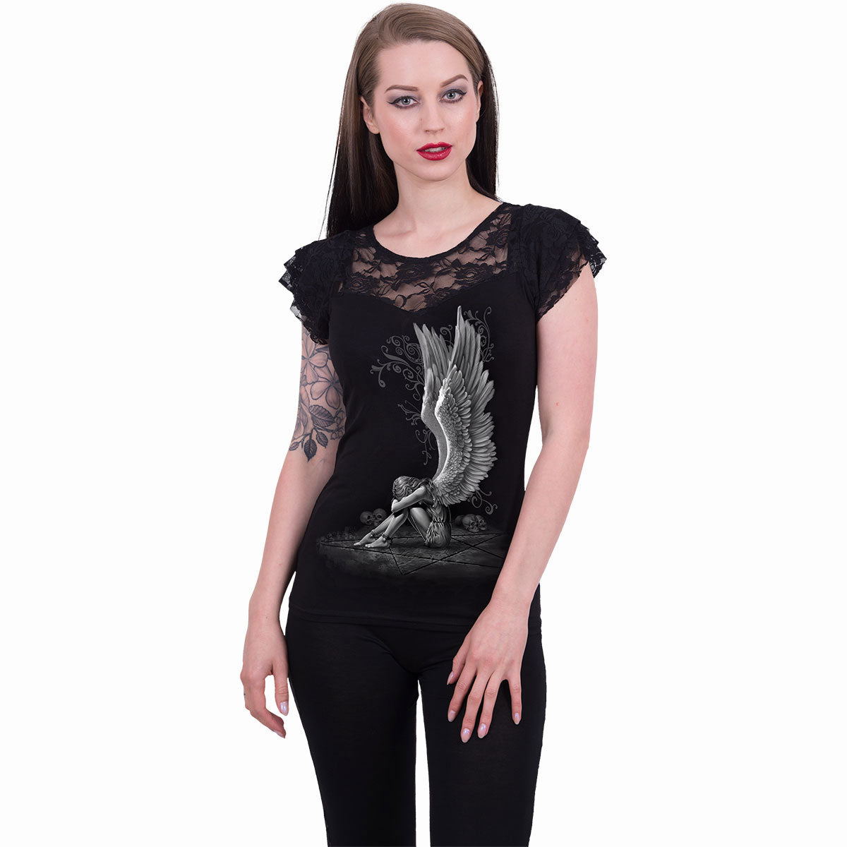 Spiral Ladies Lace Layered Cap Sleeve Top: Enslaved Angel (Black)