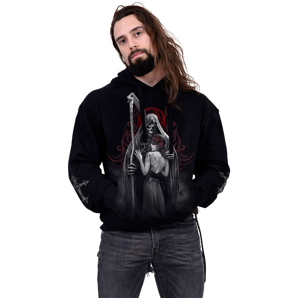 Spiral Unisex Pullover Hoodie: Dead Kiss (Black) (Back & Sleeve Print)