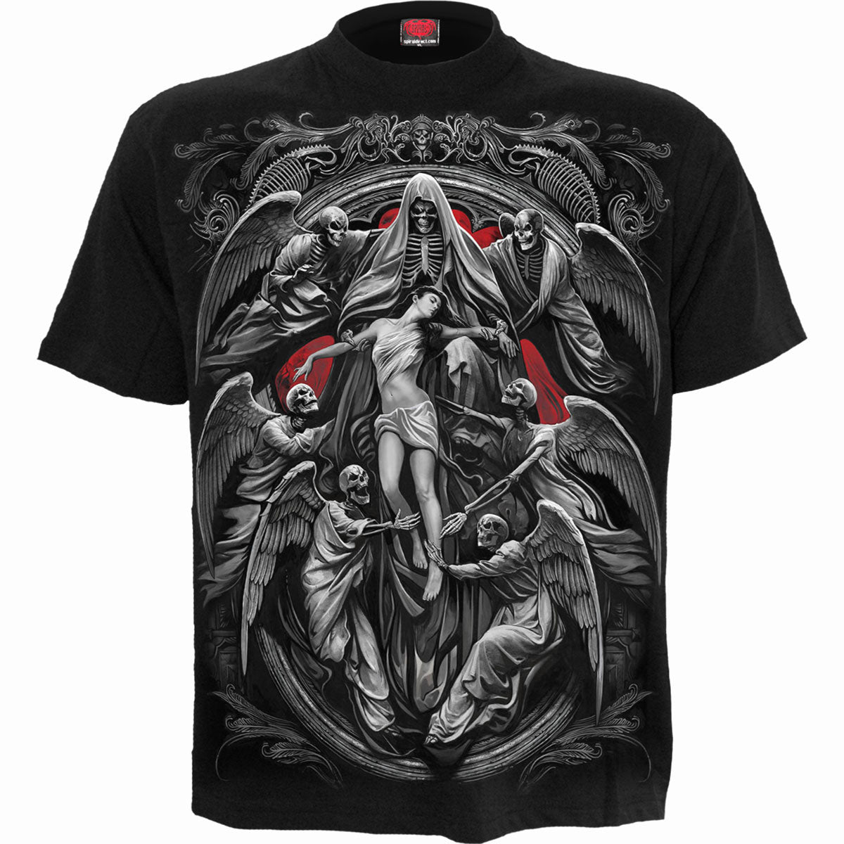 Spiral Unisex T-Shirt: Reaper's Door (Black) (Back Print)