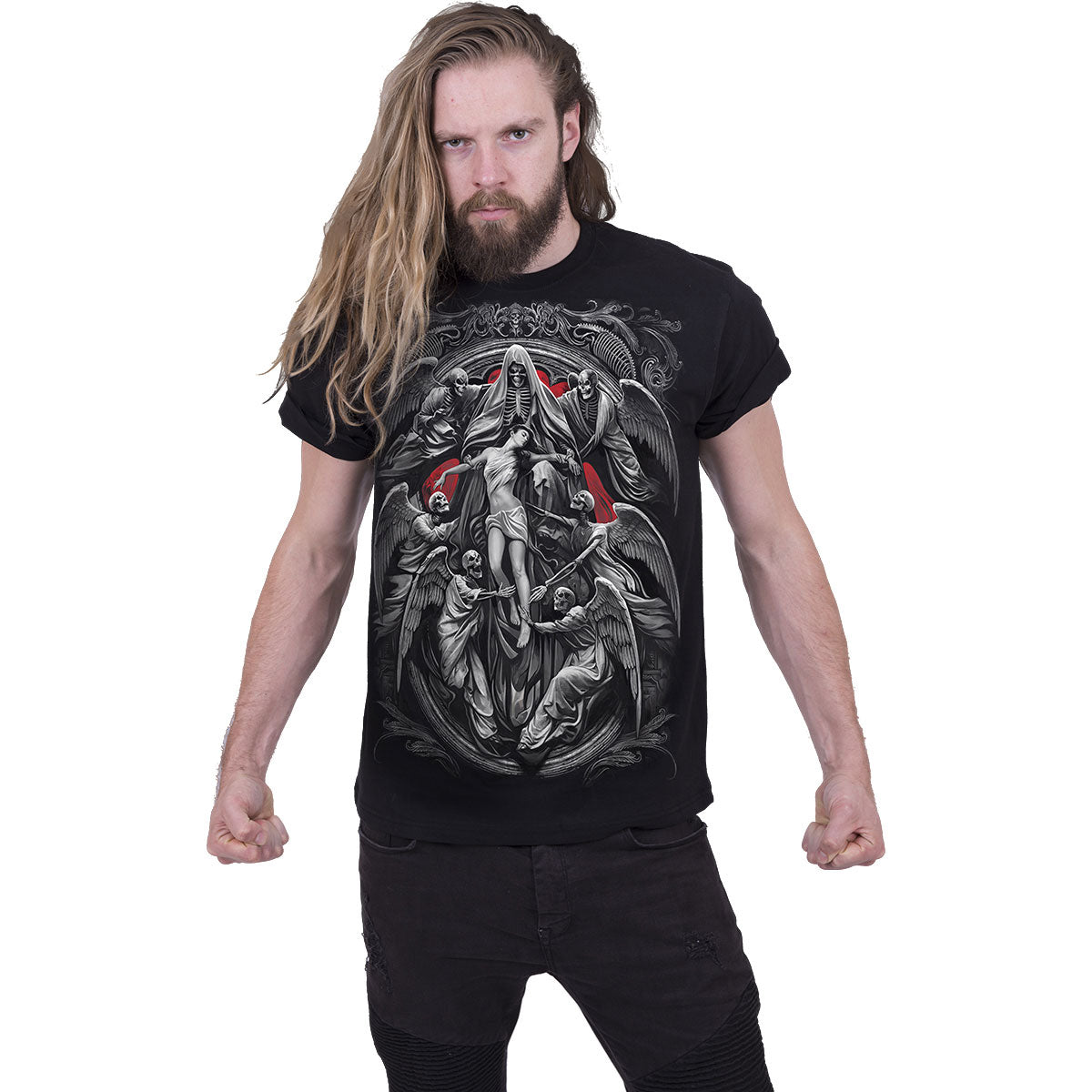 Spiral Unisex T-Shirt: Reaper's Door (Black) (Back Print)