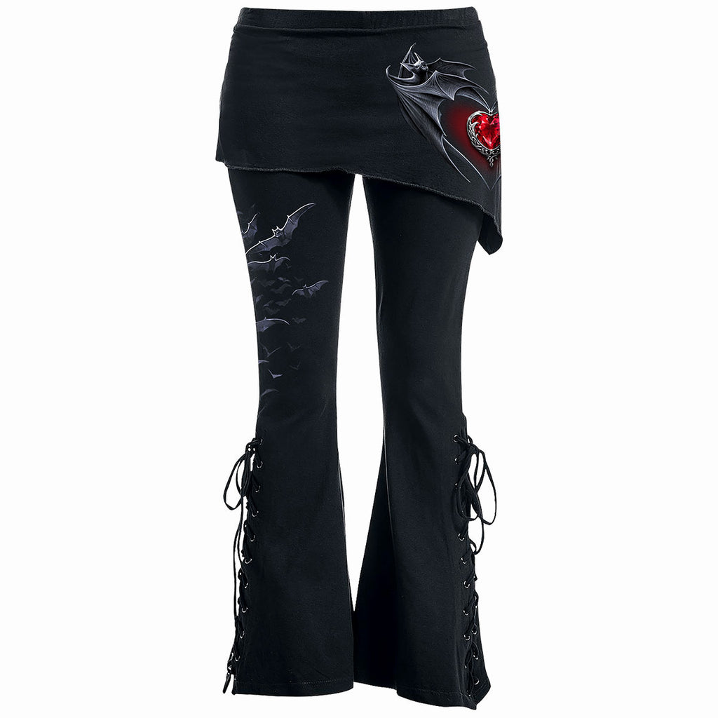 Spiral Ladies Boot Cut Leggings with Micro Skirt: Bat's Heart (Black) (Back Print)