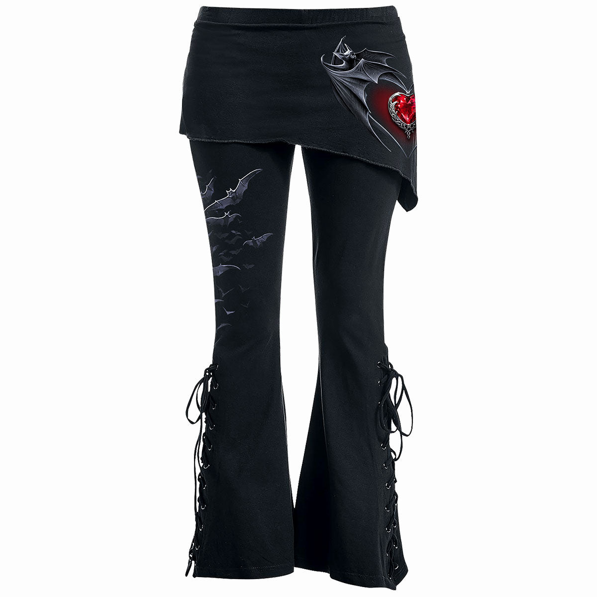 Spiral Ladies Boot Cut Leggings with Micro Skirt: Bat's Heart (Black) (Back Print)
