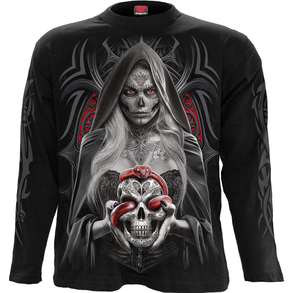 Spiral Unisex Long Sleeve T-Shirt: High Priestess (Black) (Back & Sleeve Print)