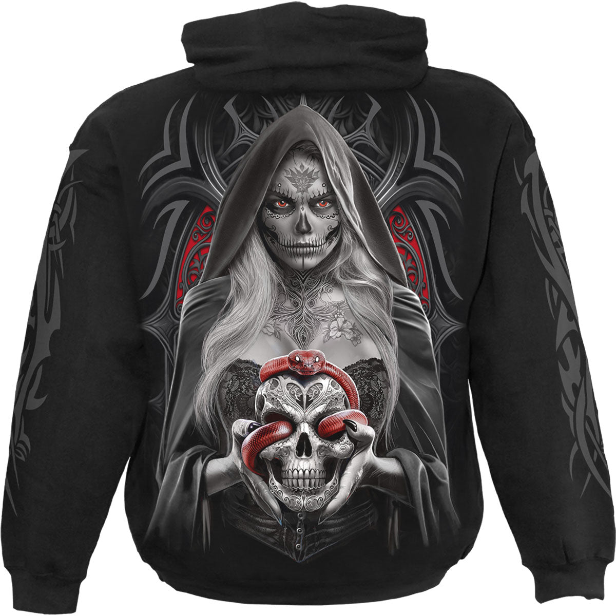 Spiral Unisex Pullover Hoodie: High Priestess (Black) (Back & Sleeve Print)