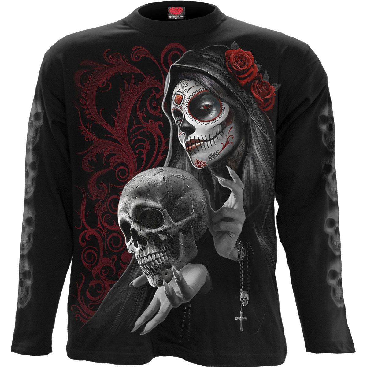 Spiral Unisex Long Sleeve T-Shirt: Love Is Dead (Black) (Back & Sleeve Print)