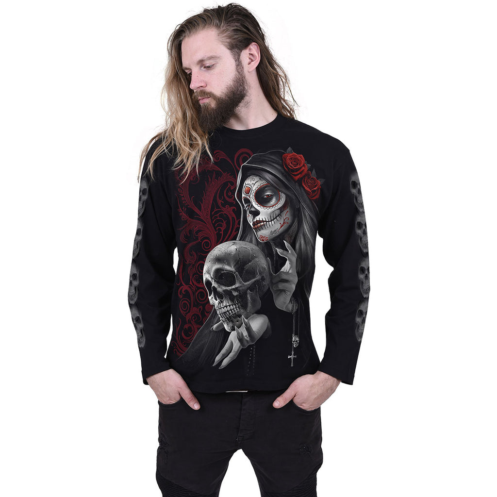 Spiral Unisex Long Sleeve T-Shirt: Love Is Dead (Black) (Back & Sleeve Print)