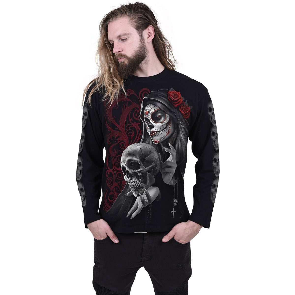 Spiral Unisex Long Sleeve T-Shirt: Love Is Dead (Black) (Back & Sleeve Print)