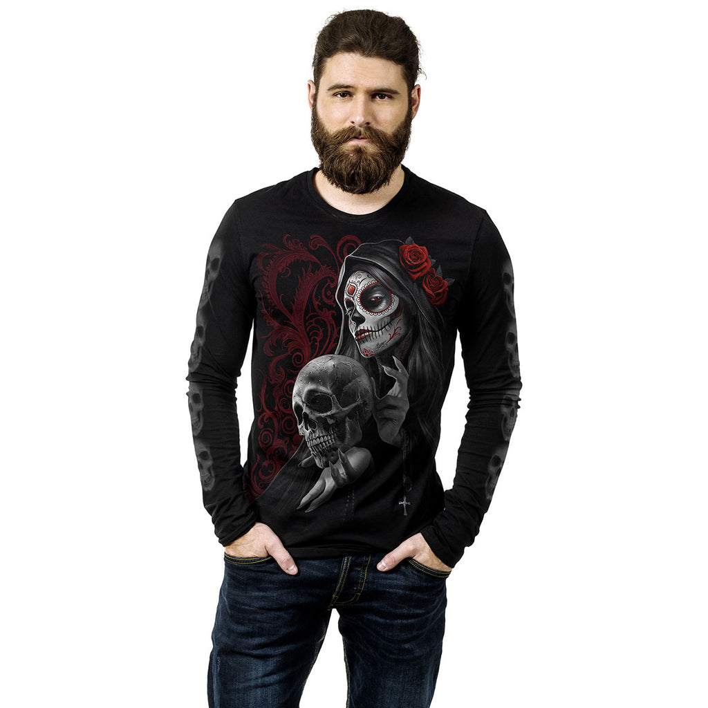 Spiral Unisex Long Sleeve T-Shirt: Love Is Dead (Black) (Back & Sleeve Print)