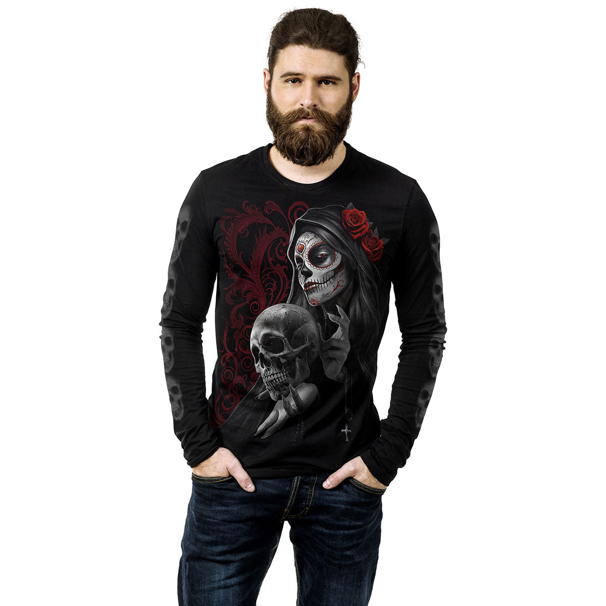 Spiral Unisex Long Sleeve T-Shirt: Love Is Dead (Black) (Back & Sleeve Print)