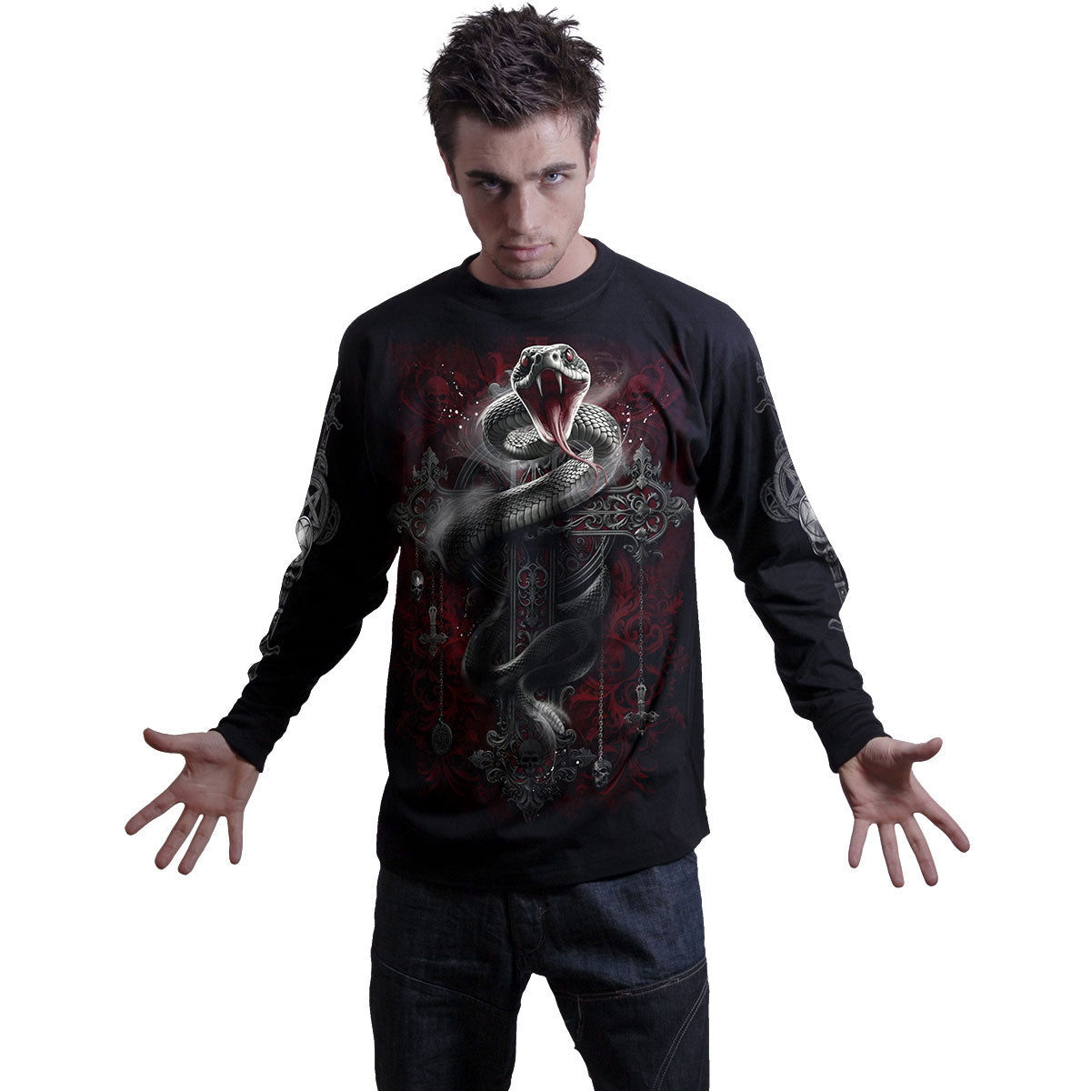 Spiral Unisex Long Sleeve T-Shirt: Gothic Serpent (Black) (Back & Sleeve Print)