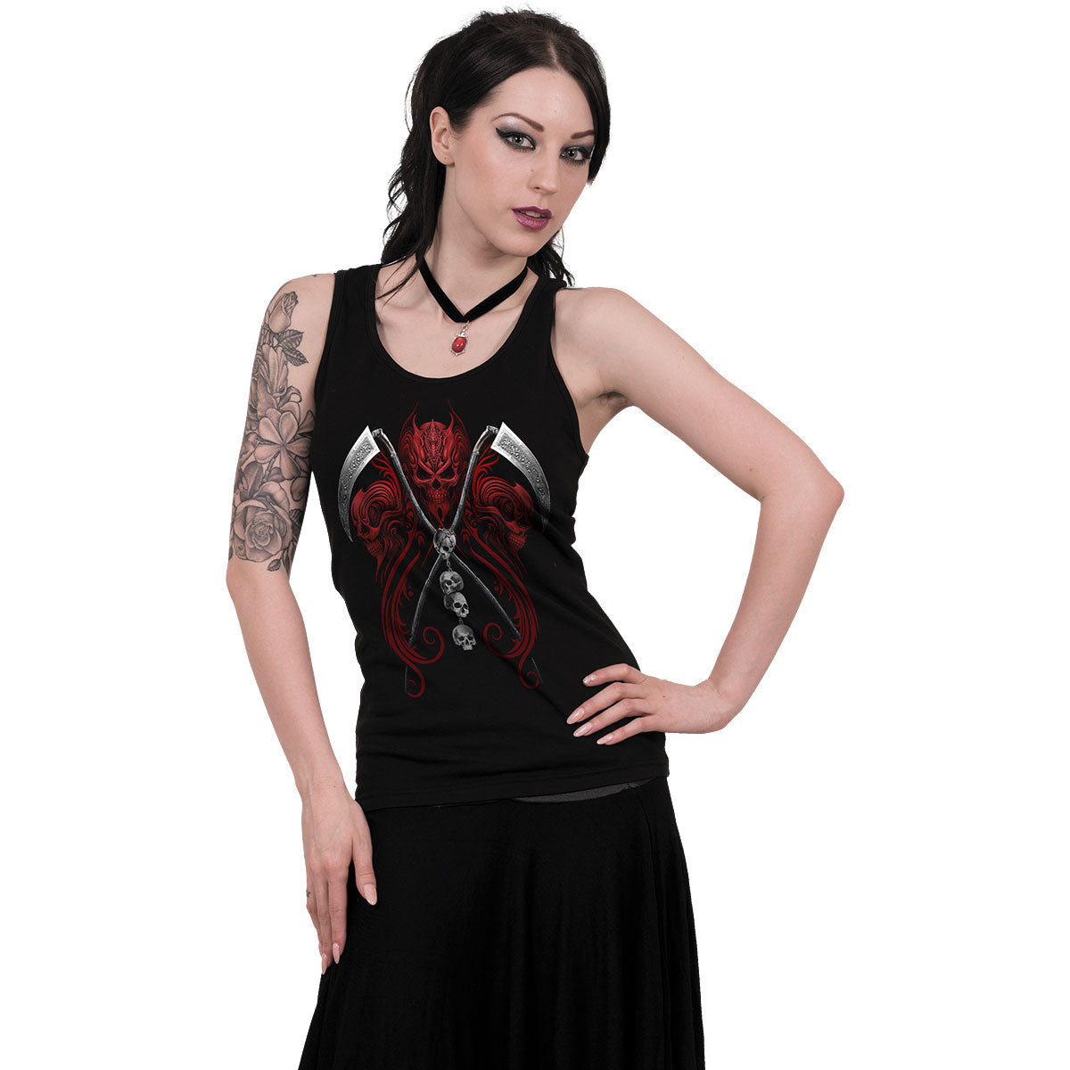 Spiral Ladies Razor Back Vest T-Shirt: Reaperess (Black)