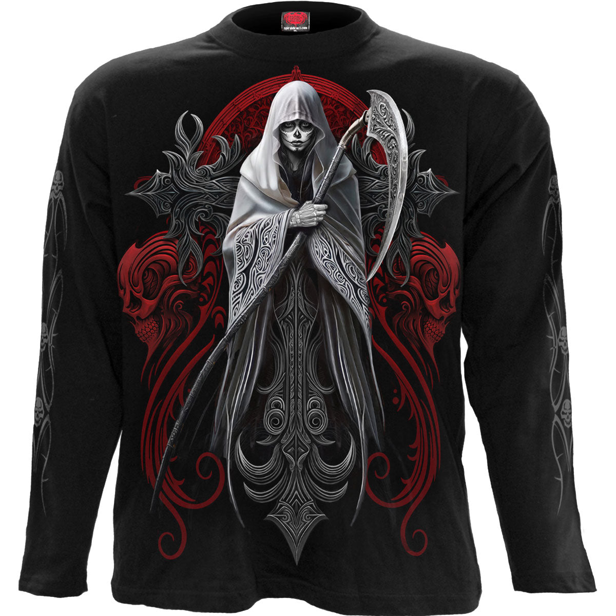 Spiral Unisex Long Sleeve T-Shirt: Reaperess (Black) (Back & Sleeve Print)