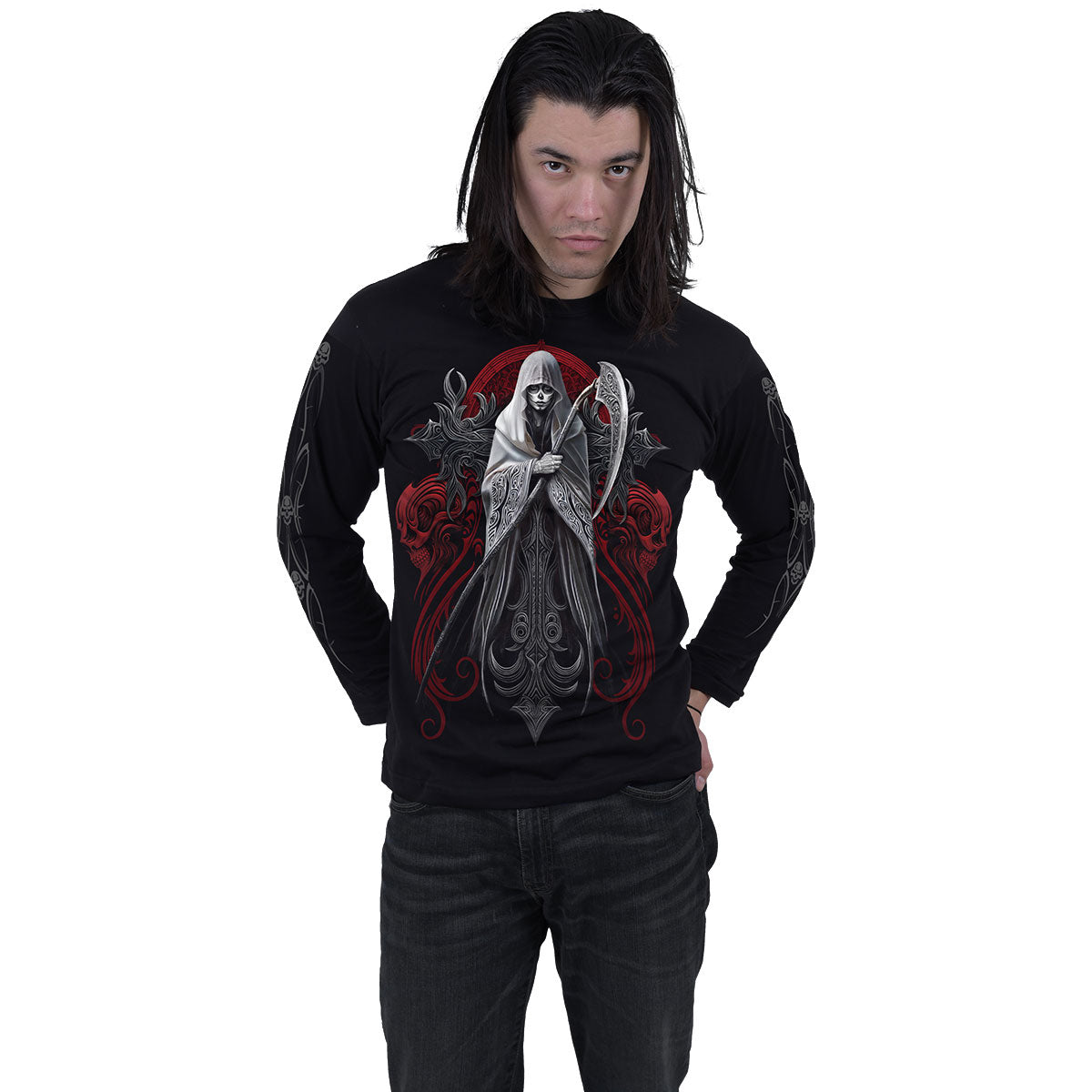 Spiral Unisex Long Sleeve T-Shirt: Reaperess (Black) (Back & Sleeve Print)