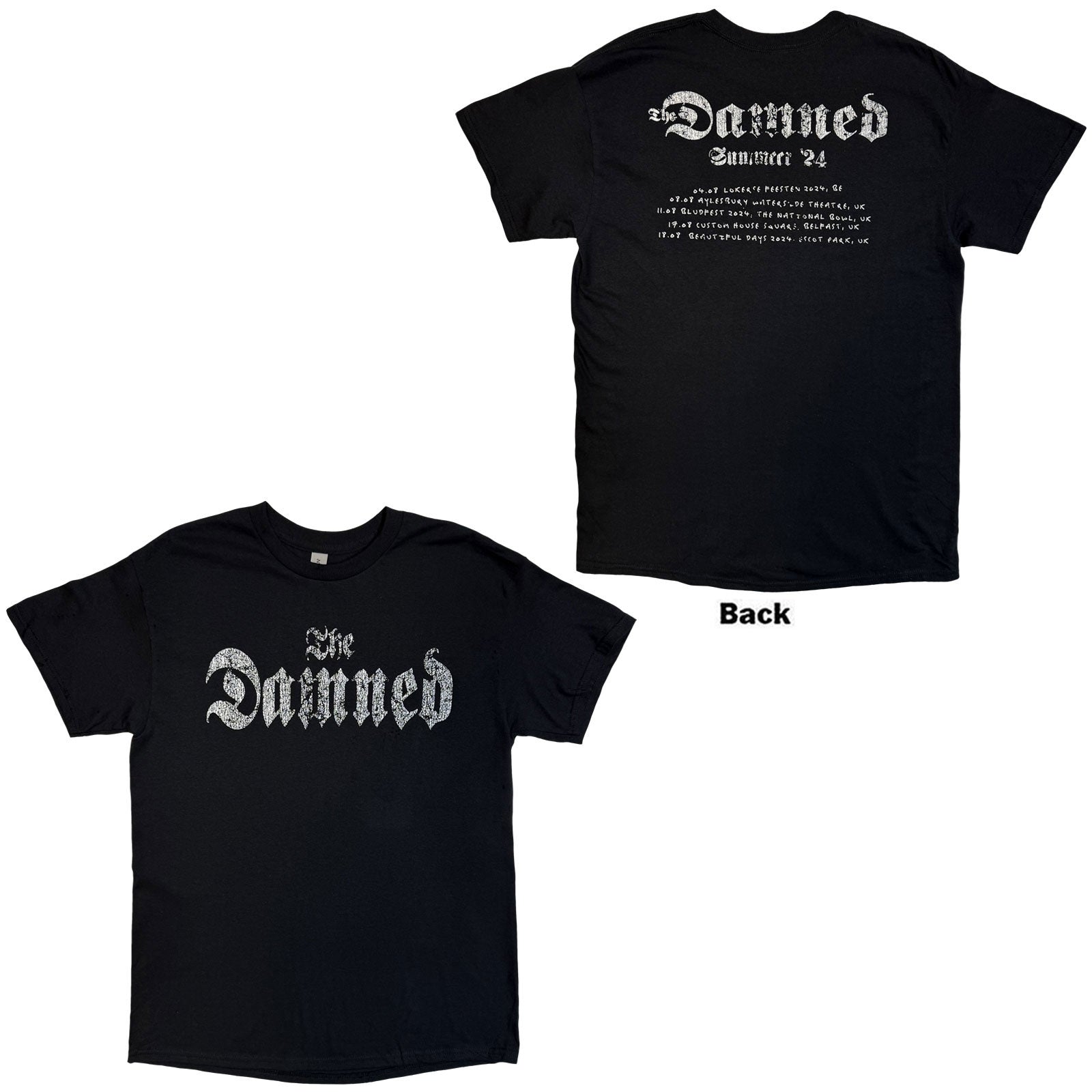 The Damned Unisex T-Shirt: Distressed Logo EU Tour Summer 24 (Black) (Back Print) (Ex-Tour)