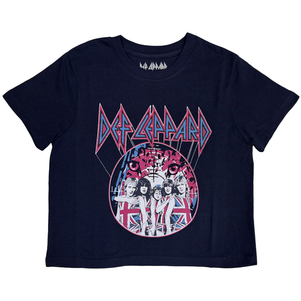 Def Leppard Ladies Crop Top: Pyro Tour (Navy Blue) (Back Print)