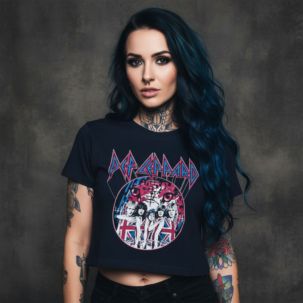 Def Leppard Ladies Crop Top: Pyro Tour (Navy Blue) (Back Print)
