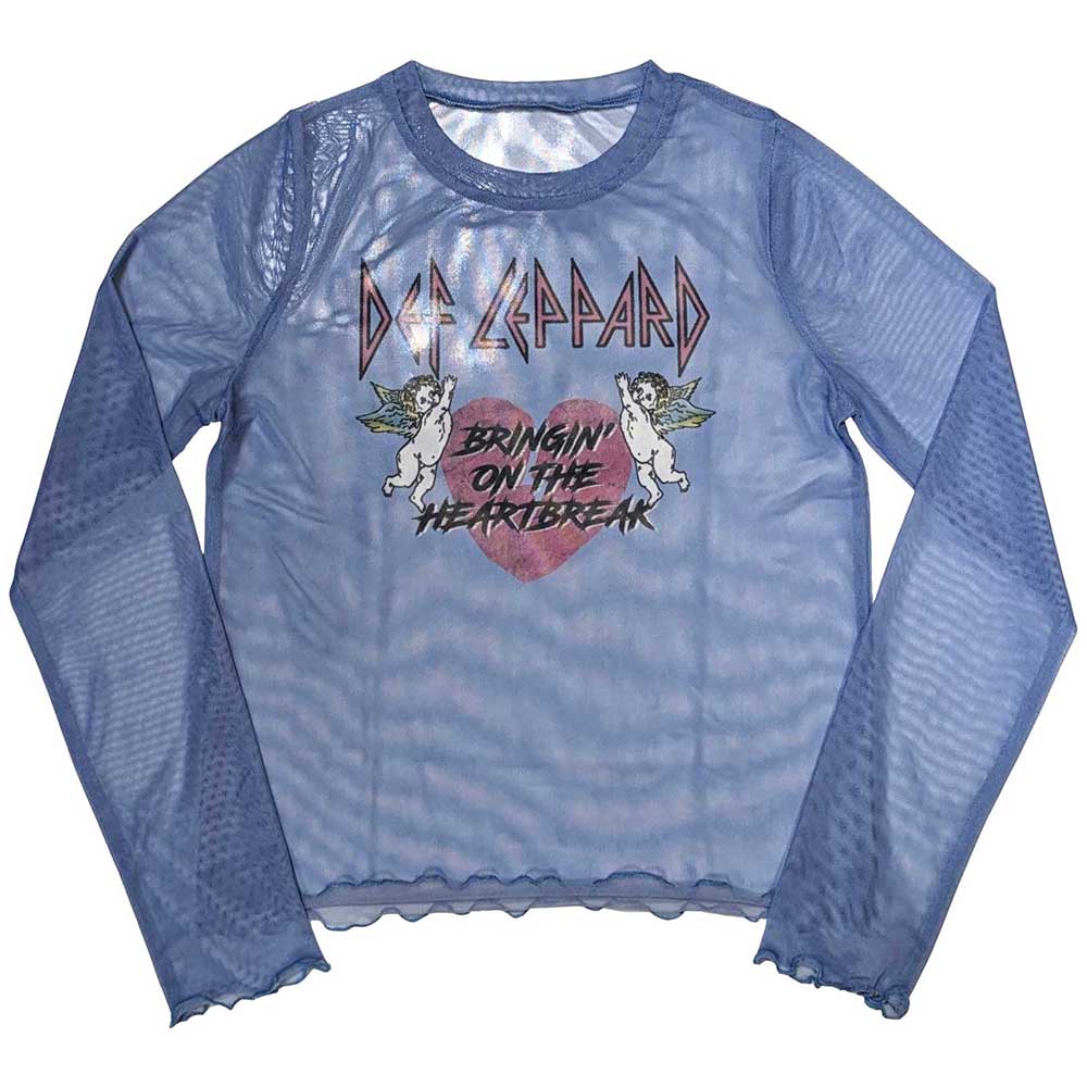 Def Leppard Ladies Long Sleeve Mesh Crop Top: Bringin On The Heartbreak (Blue)