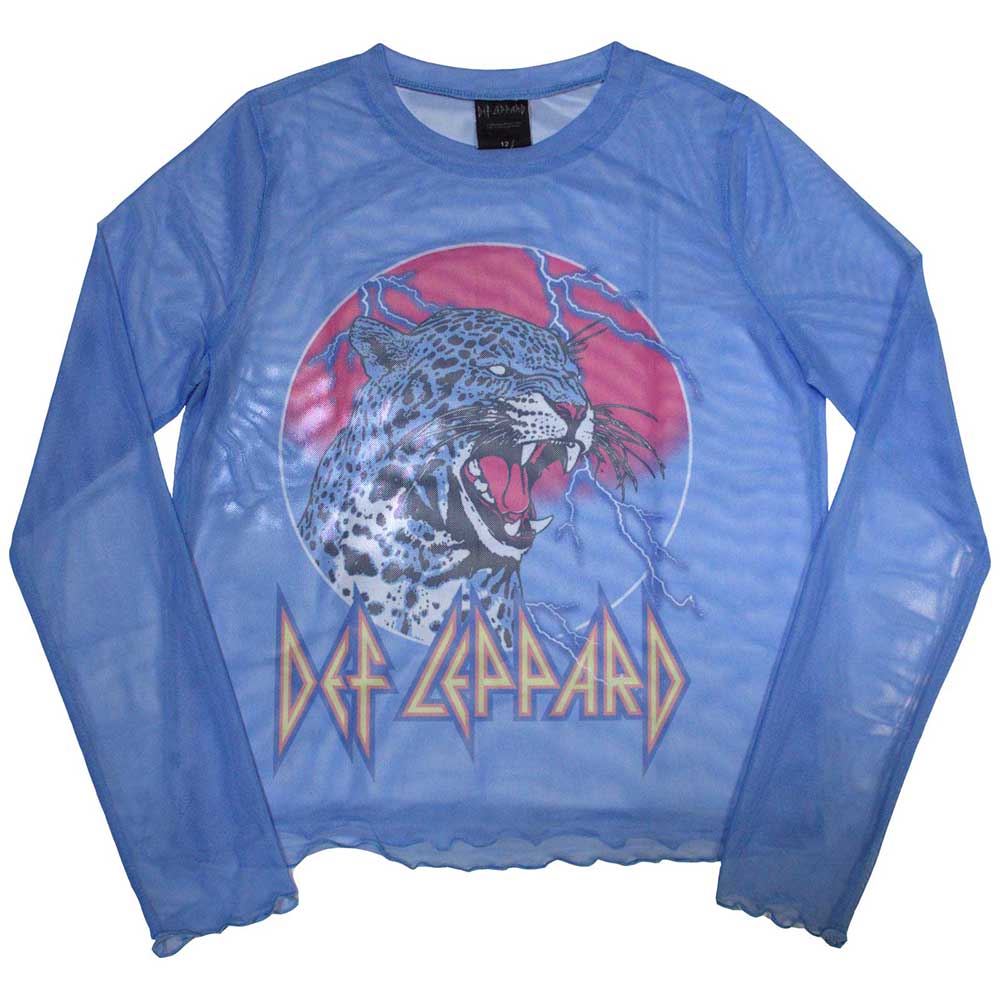 Def Leppard Ladies Long Sleeve Mesh Crop Top: Lightning Leopard (Blue)