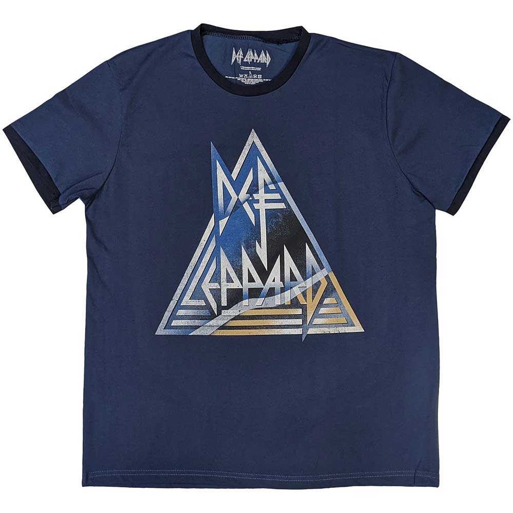 Def Leppard Unisex Ringer T-Shirt: Triangle Logo (Denim Blue)