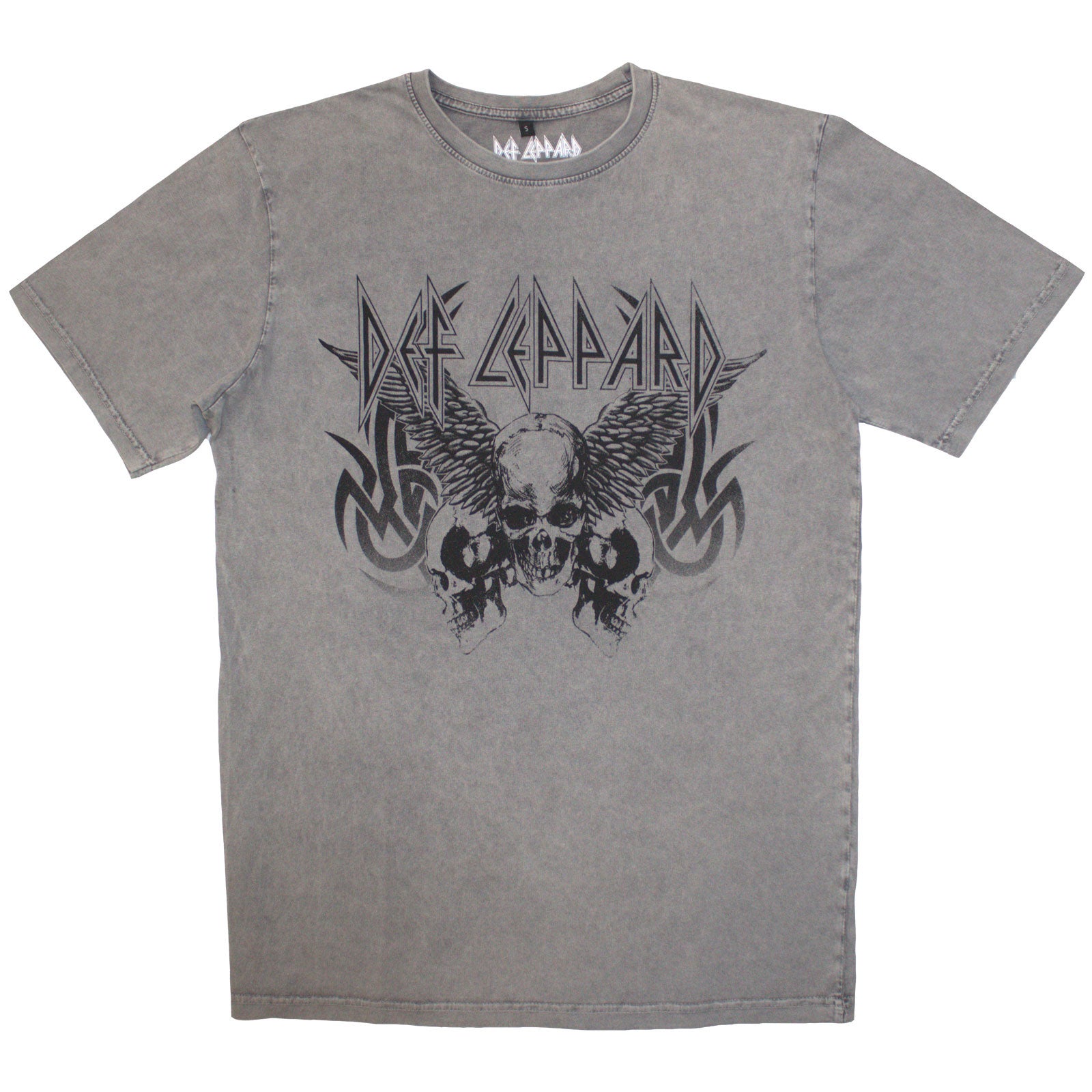 Def Leppard Unisex Stone Wash T-Shirt: Tribal Skull (Grey)