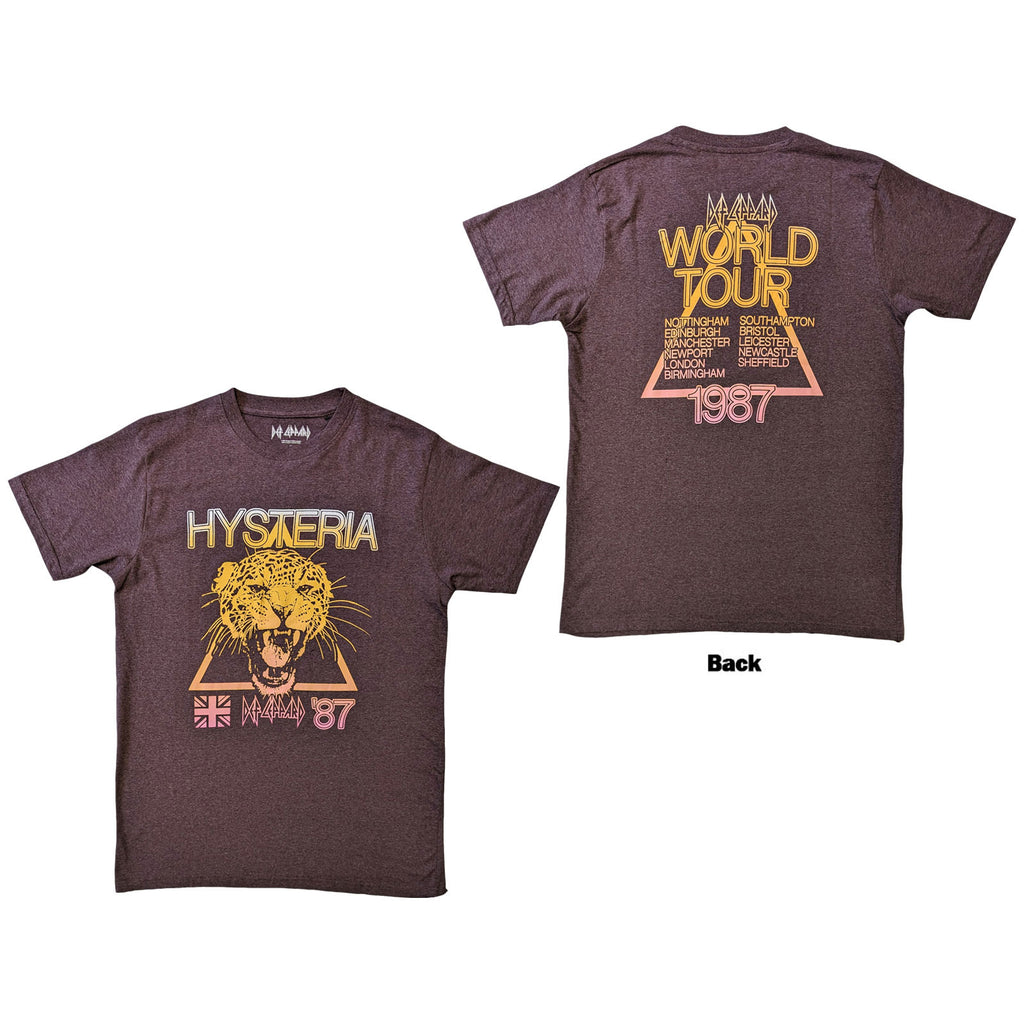 Def Leppard Unisex T-Shirt: Hysteria World Tour (Brown) (Back Print)