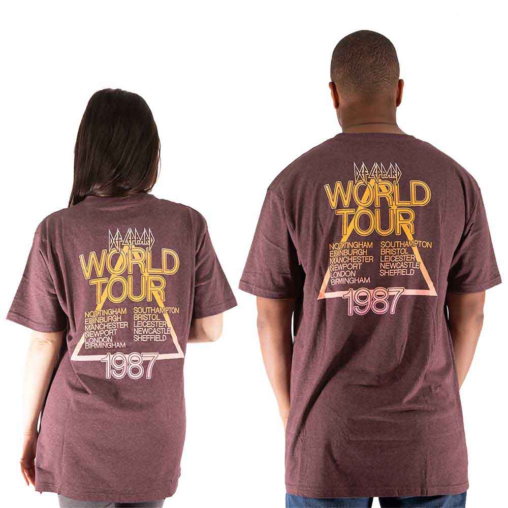 Def Leppard Unisex T-Shirt: Hysteria World Tour (Brown) (Back Print)