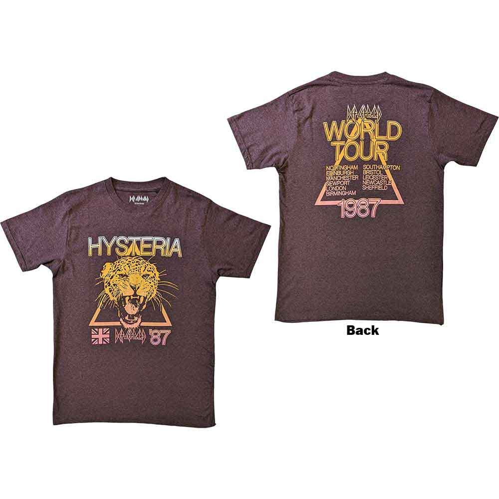 Def Leppard Unisex T-Shirt: Hysteria World Tour (Brown) (Back Print)