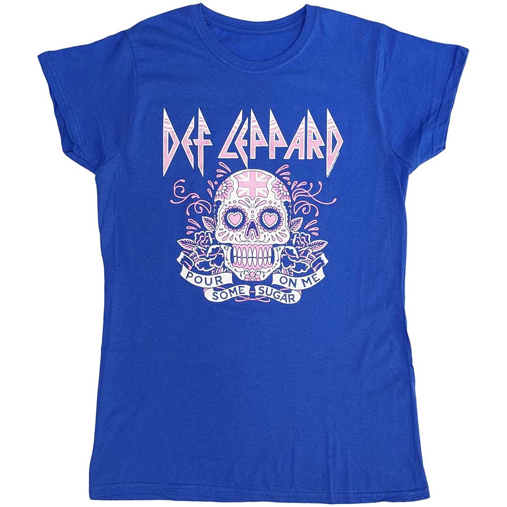 Def Leppard Ladies T-Shirt: Pour Some Sugar On Me Skull Tour 2019 (Blue) (Ex-Tour)