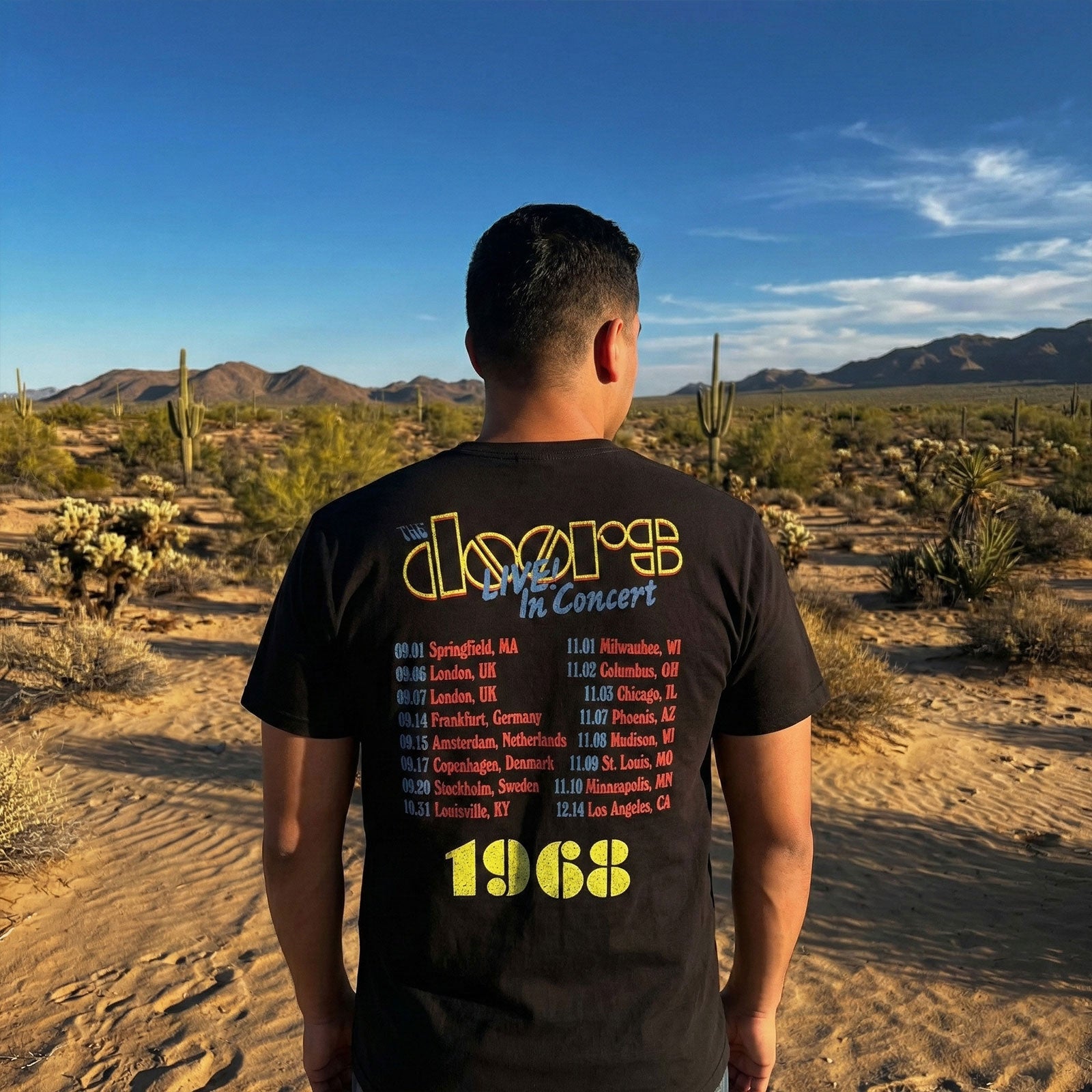 The Doors Unisex Premium Carbon T-Shirt: Live In Concert '68 (Black) (Back Print)
