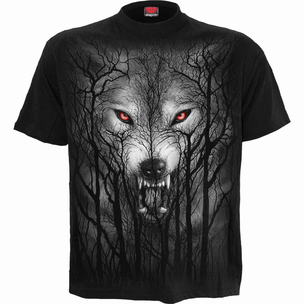 Spiral Unisex T-Shirt: Forest Wolf (Black) (Back Print)