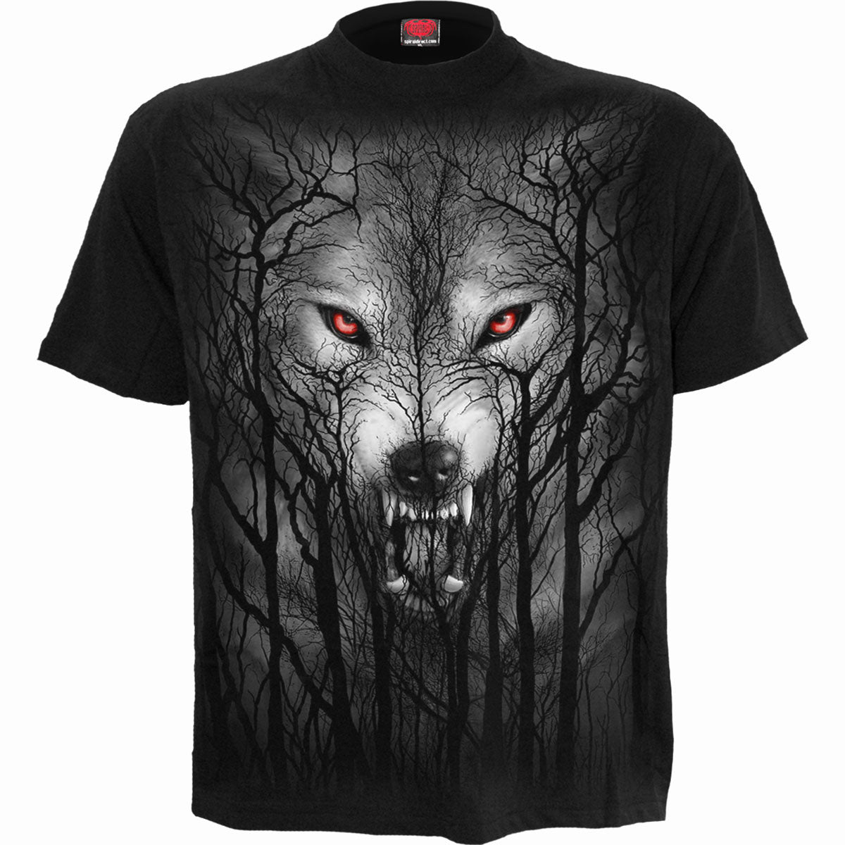 Spiral Unisex T-Shirt: Forest Wolf (Black) (Back Print)