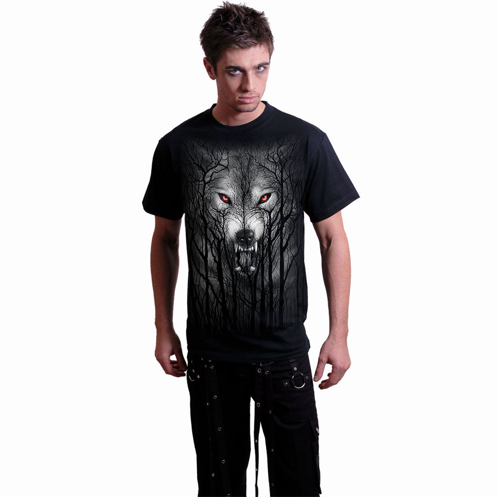 Spiral Unisex T-Shirt: Forest Wolf (Black) (Back Print)