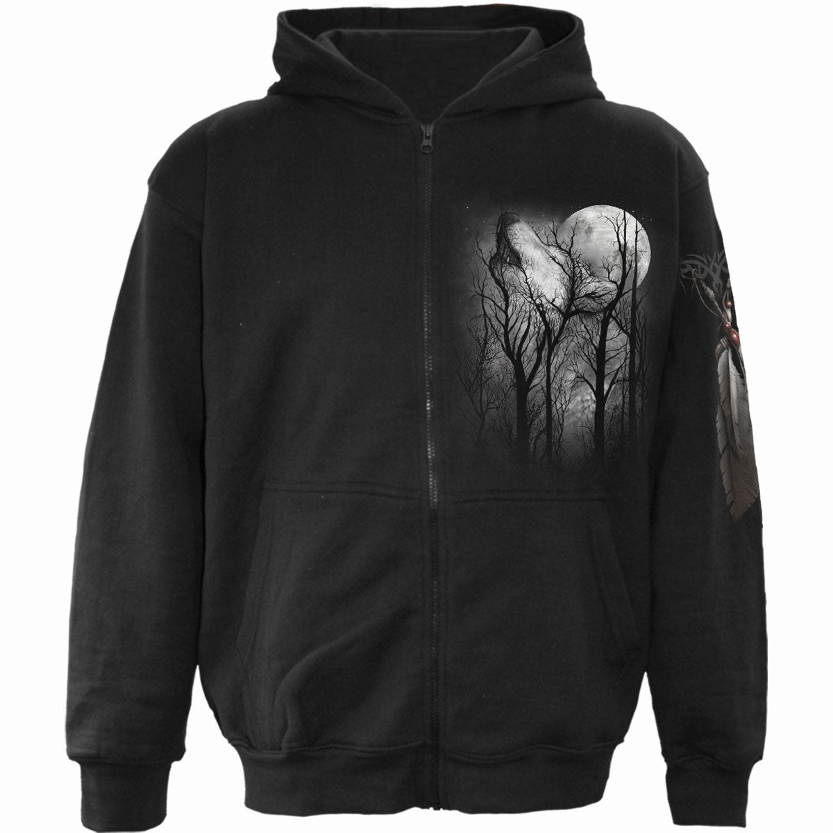 Spiral Unisex Zipped Hoodie: Forest Wolf (Black) (Back & Sleeve Print)