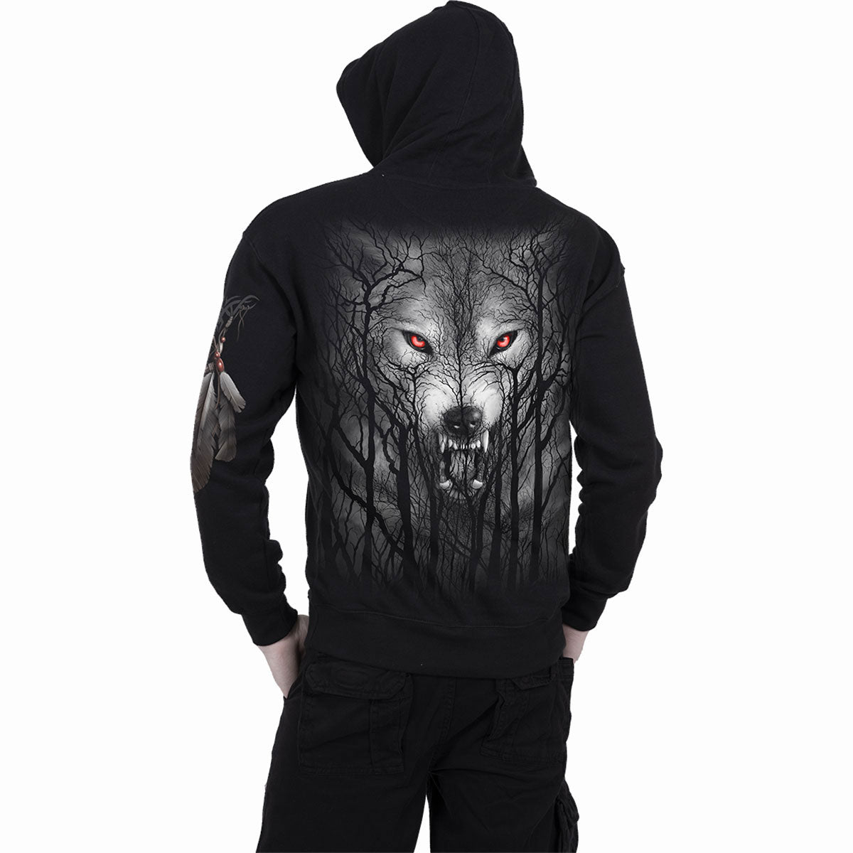 Spiral Unisex Zipped Hoodie: Forest Wolf (Black) (Back & Sleeve Print)