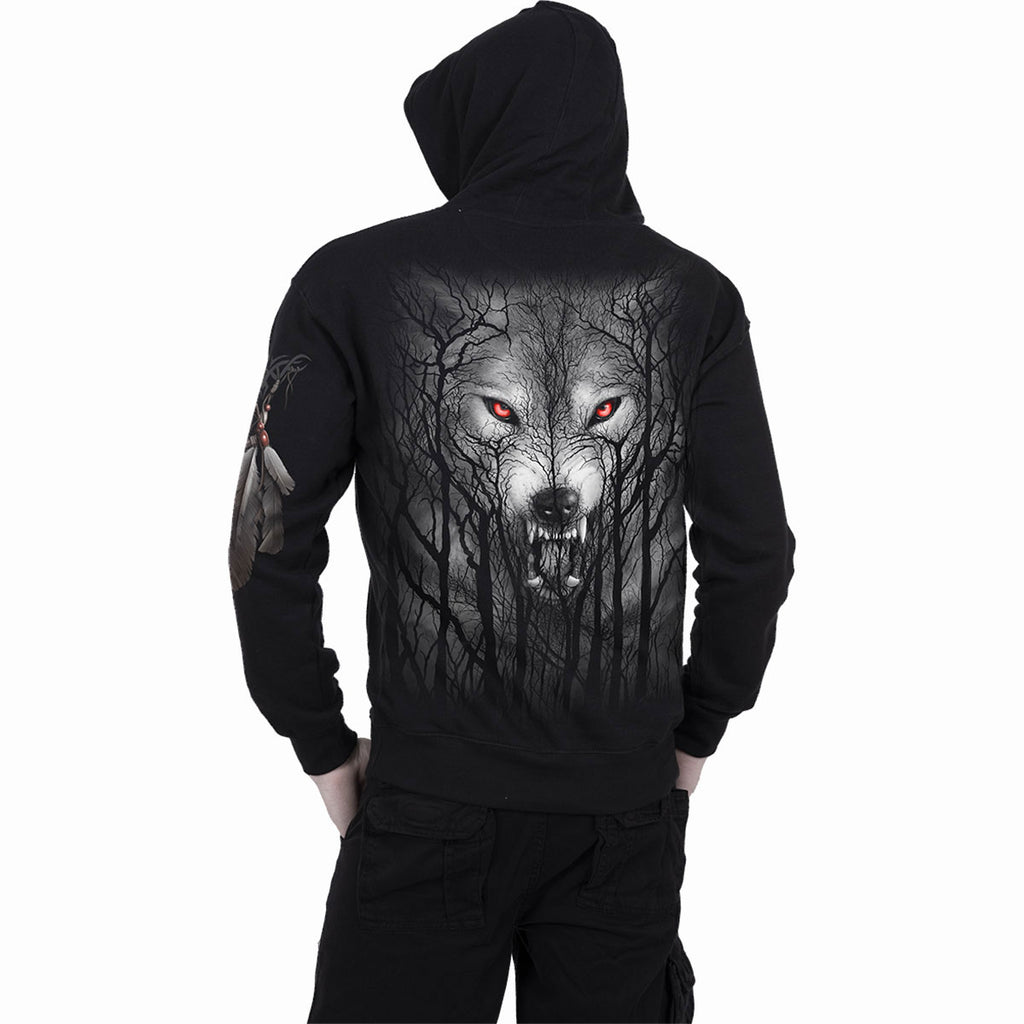 Spiral Unisex Zipped Hoodie: Forest Wolf (Black) (Back & Sleeve Print)