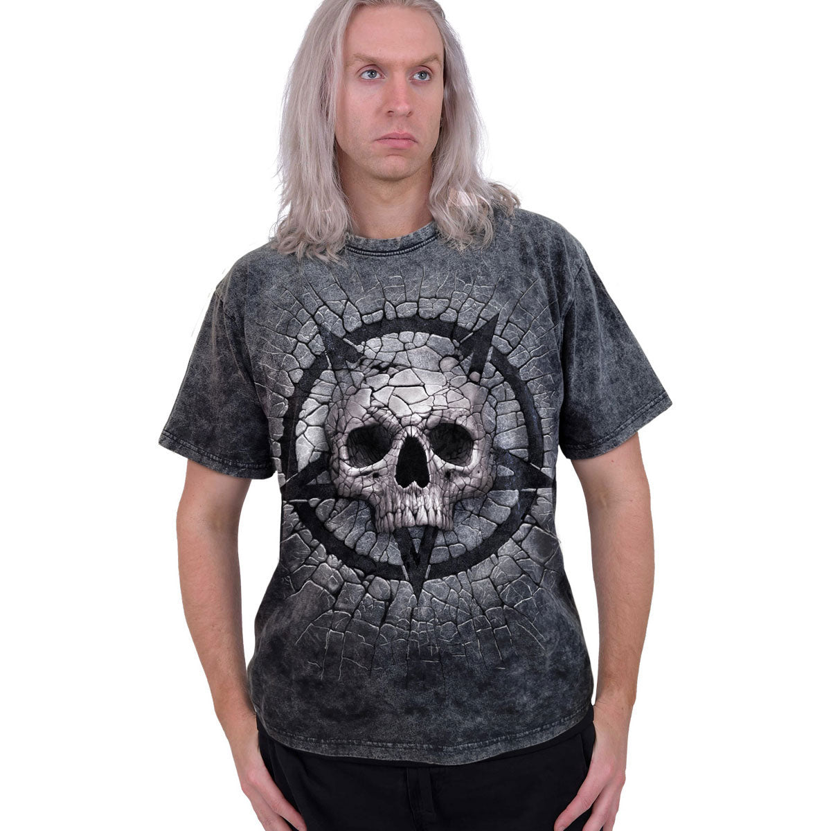 Spiral Unisex Acid Wash T-Shirt: Cracking Up (Black & Grey)