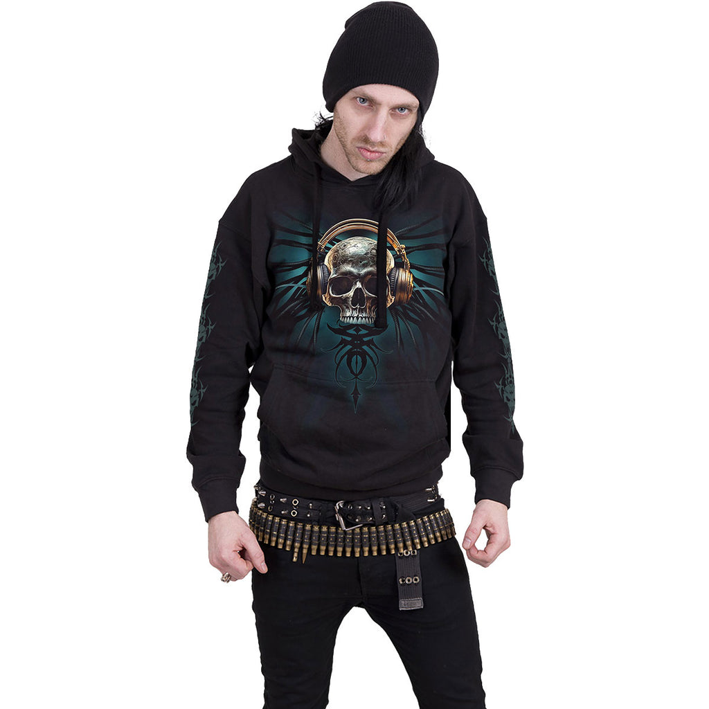 Spiral Unisex Pullover Hoodie: Dread Rocks (Black) (Back & Sleeve Print)