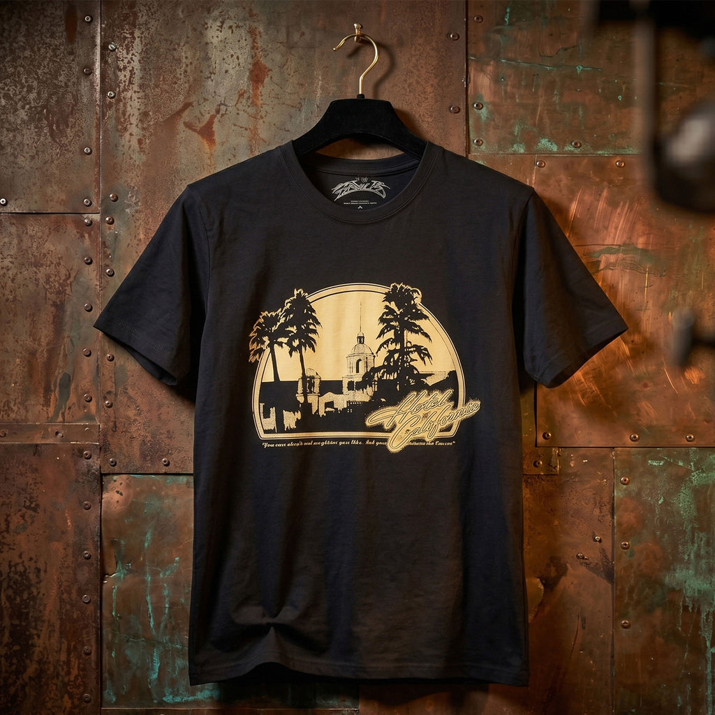 Eagles Unisex Premium Carbon T-Shirt: Hotel California (Black) (Back Print)