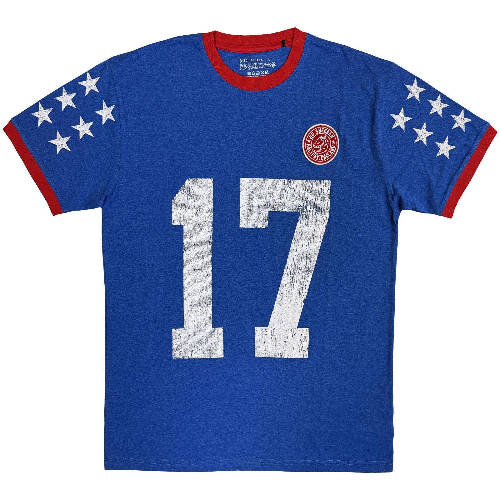 Ed Sheeran Unisex Ringer T-Shirt: Play 17 (Blue) (Sleeve Print)
