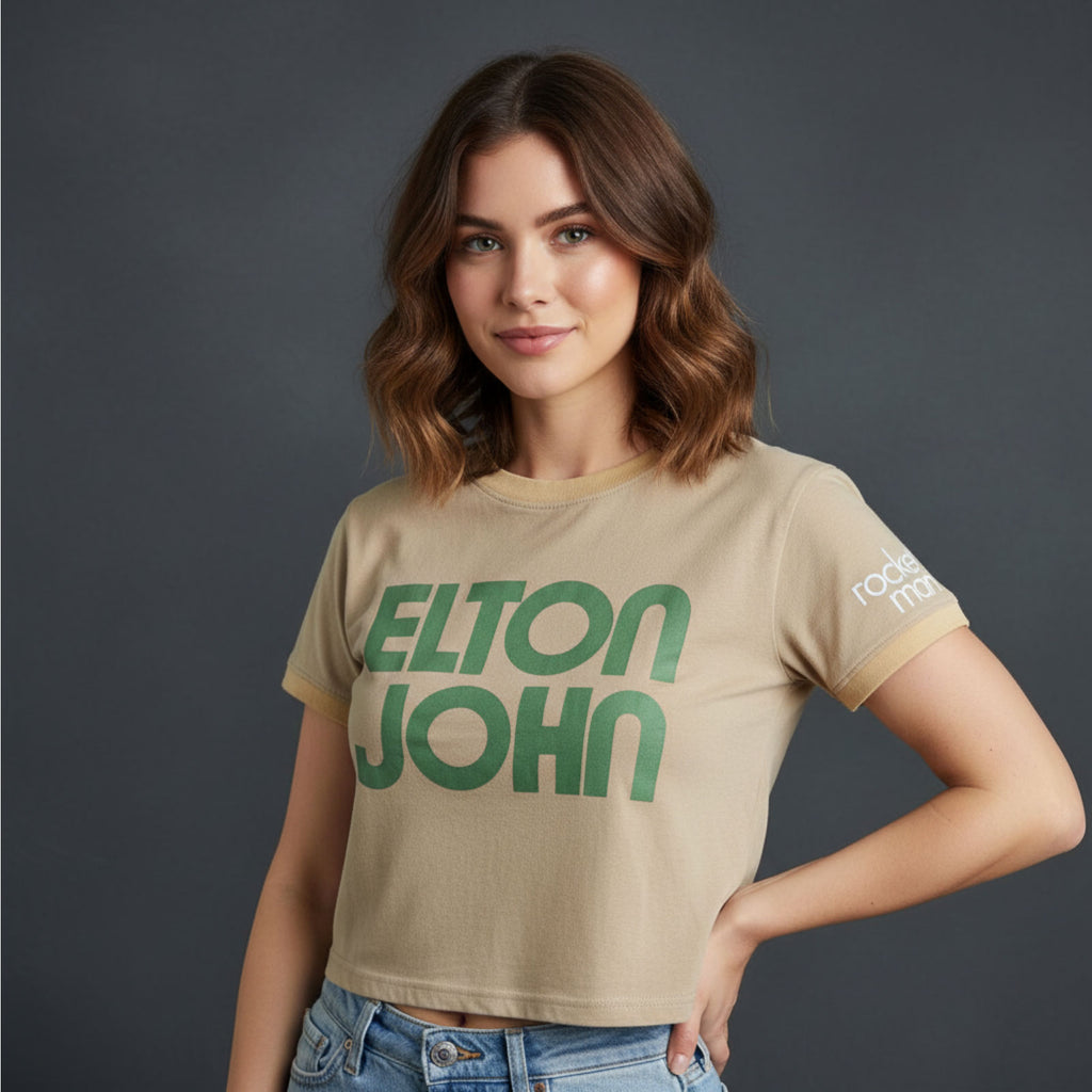 Elton John Ladies Crop Top: Retro Text (Sand) (Sleeve Print)