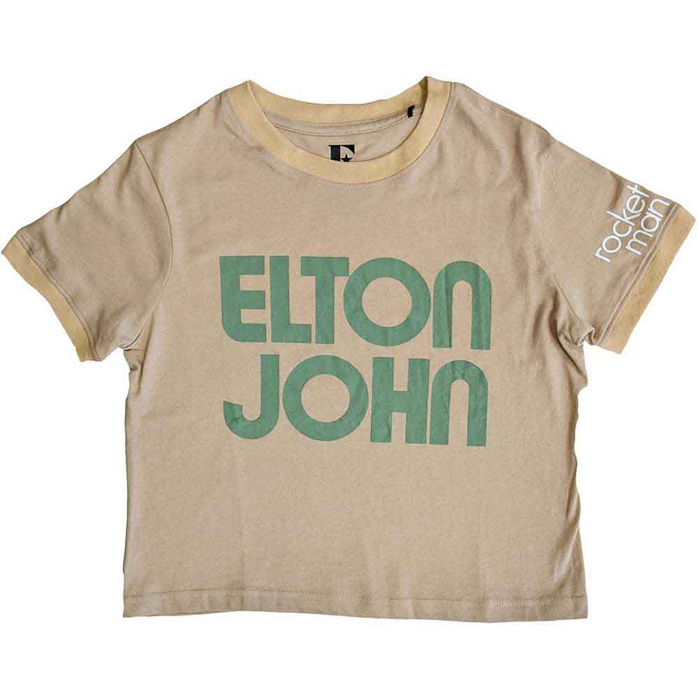 Elton John Ladies Crop Top: Retro Text (Sand) (Sleeve Print)