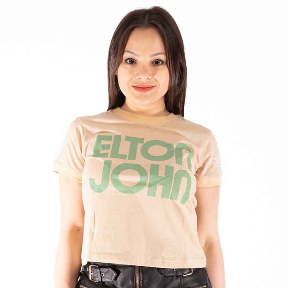Elton John Ladies Crop Top: Retro Text (Sand) (Sleeve Print)